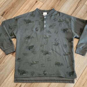 Artisan Vintage Thermal Henley Jersey Green Huner's Animal Print Men's Size XL